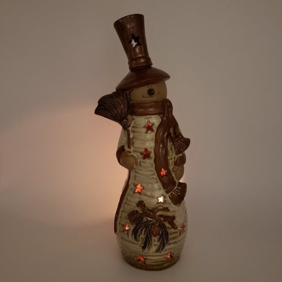 Stoneware Glazed 12" Brown Beige Country Snowman Star Cut Outs Tealight Holder - Picture 3 of 12